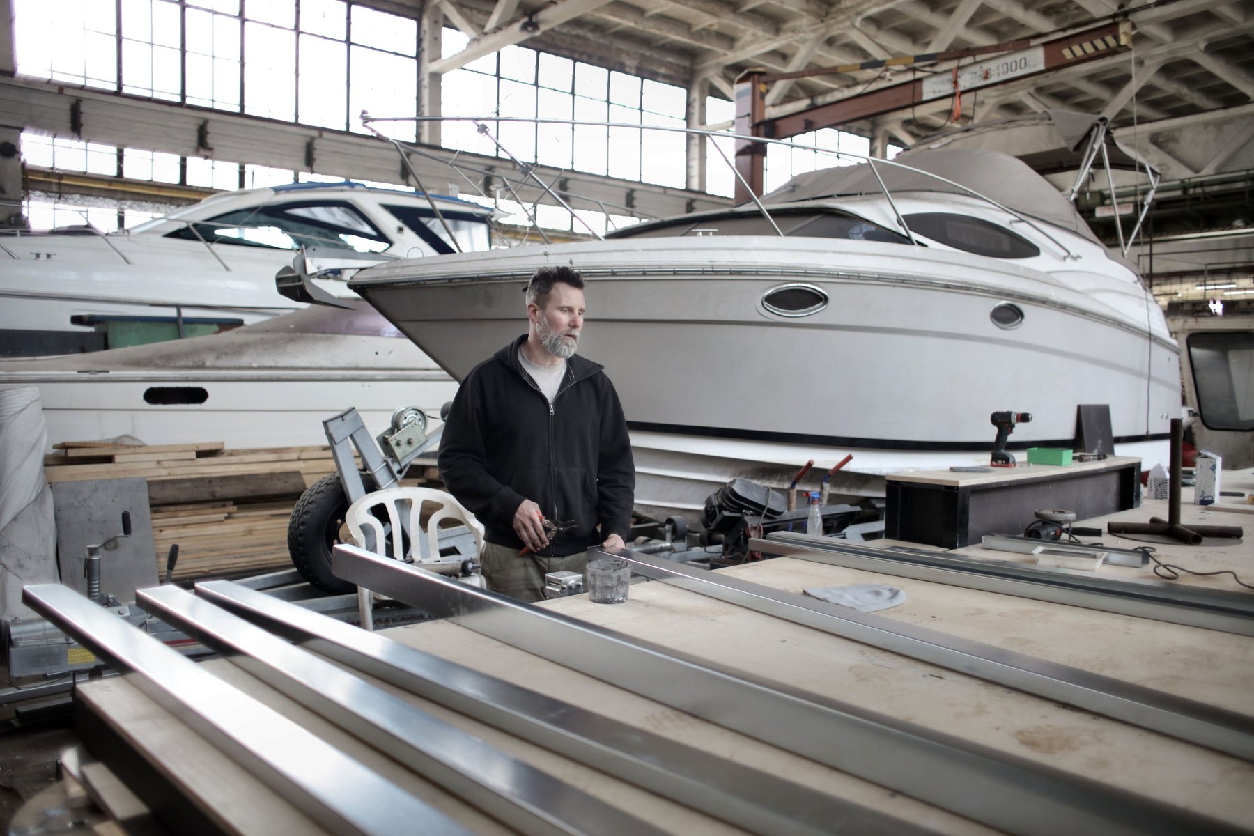 Marine specialist working in a yacht maintenance and refit workshop